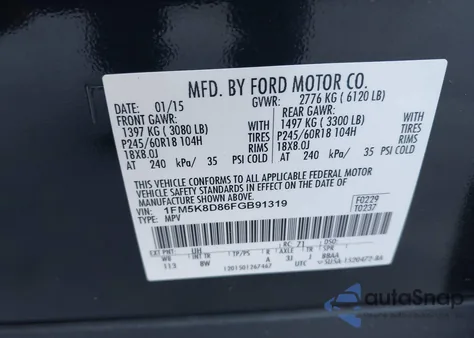 2015 Ford Explorer Xlt из США, поврежденный, VIN 1FM5K8D86FGB91319